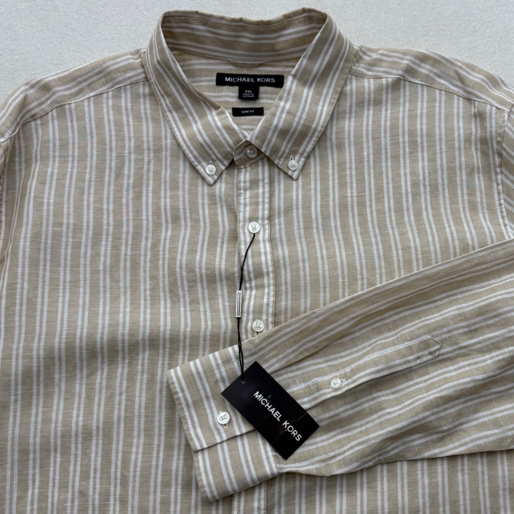 Michael Kors Mens XXL Slim Fit Button Down Shirt Striped Linen Blend Long Sleeve